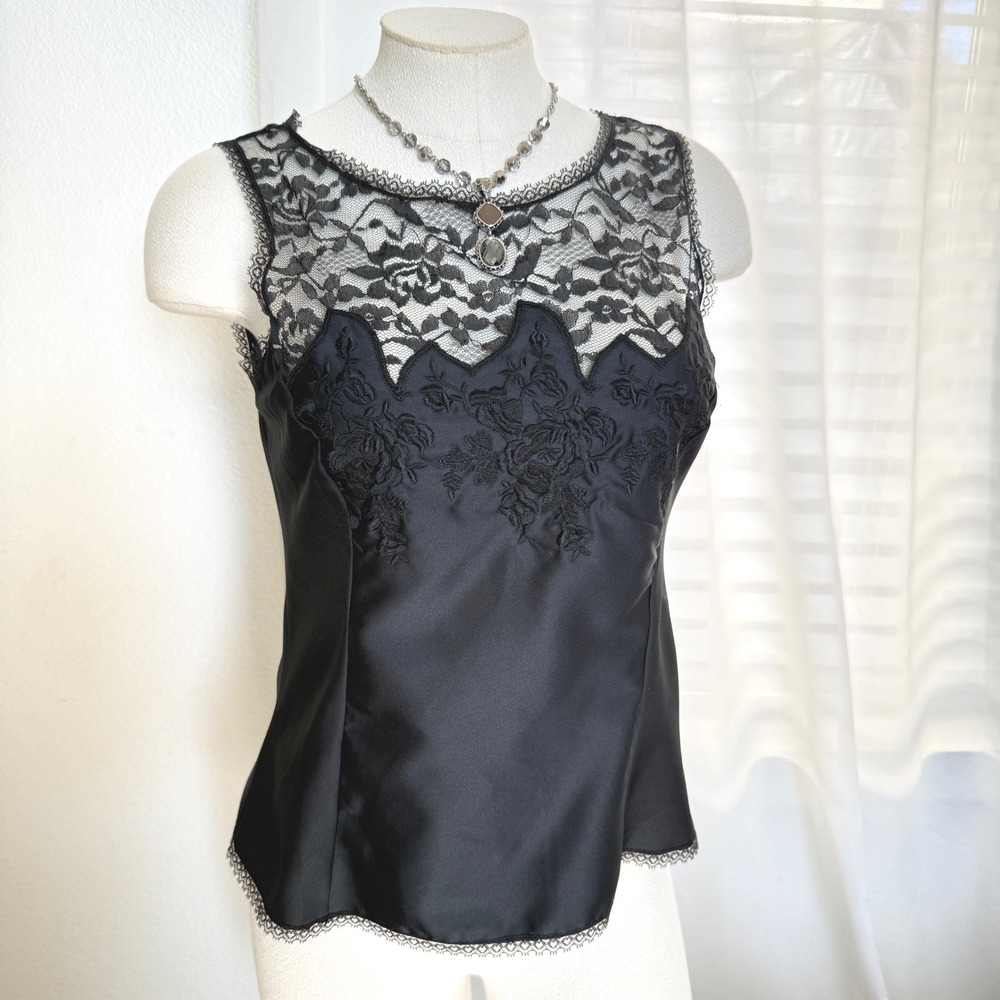 VTG Womens Black Satin Lace Camisole Top Sheer Y2K Romantic Goth union ILGWU USA